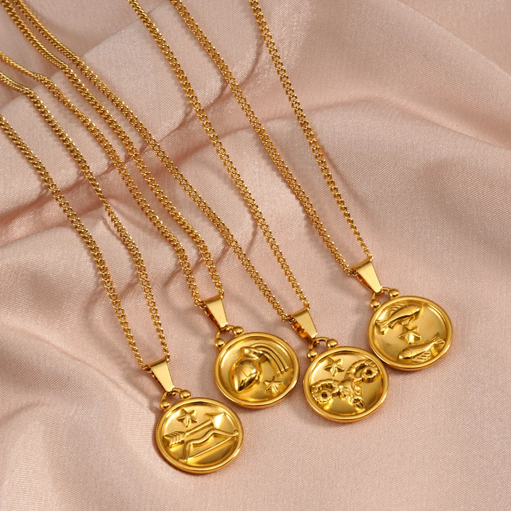 G3327 Wholesale Stainless Steel 18K Gold Plated Round Charm Horoscope Pendant Necklace Fashion Jewelry Zodiac Sign Necklaces
