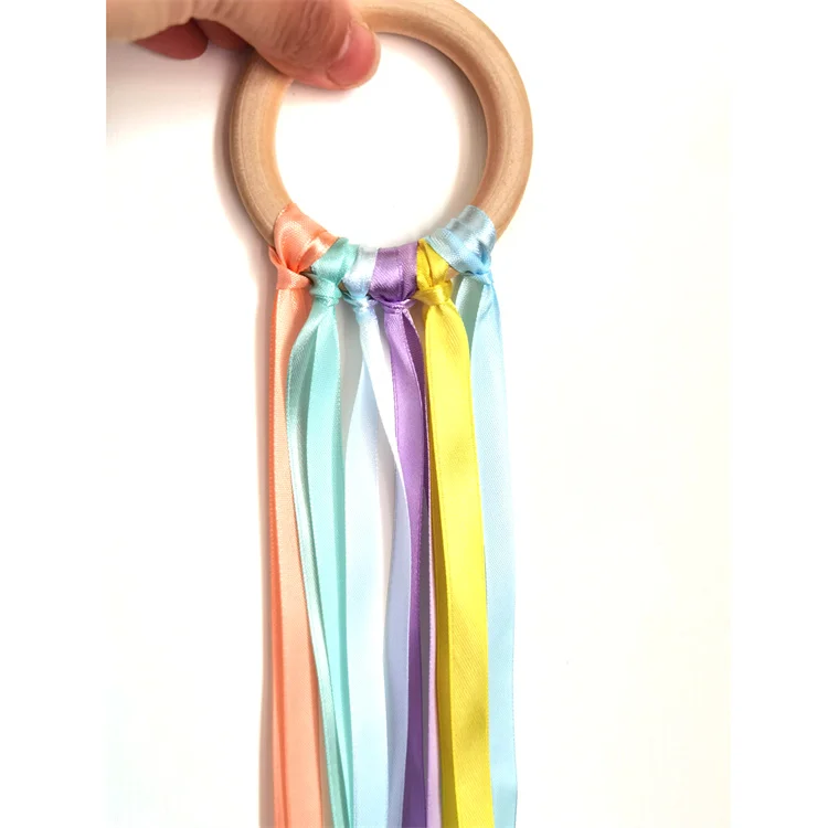 Rainbow Ribbon Rattle Natural Wooden Wind Wand Dancing  Learning newborn teether montessori educational toy wooden Sensory Toys