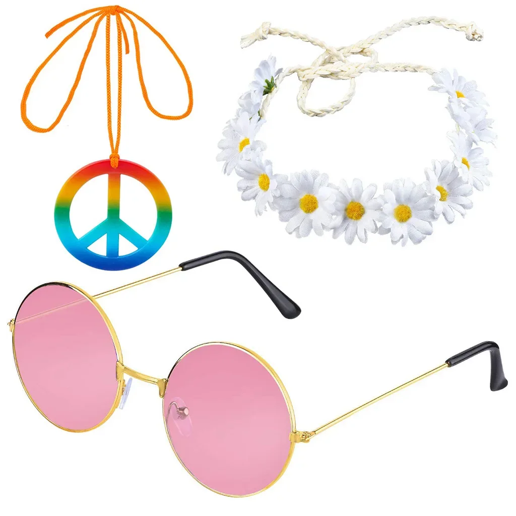 Hippie Accessories Costume,70s Hippie Rainbow Leopard Outfit,Hippie Headbands for Men Peace Sign Necklace Sunglasses