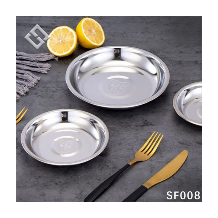 Household Food Grade Multi Size round food serving tray Metal Cooking Stainless Steel dish plate