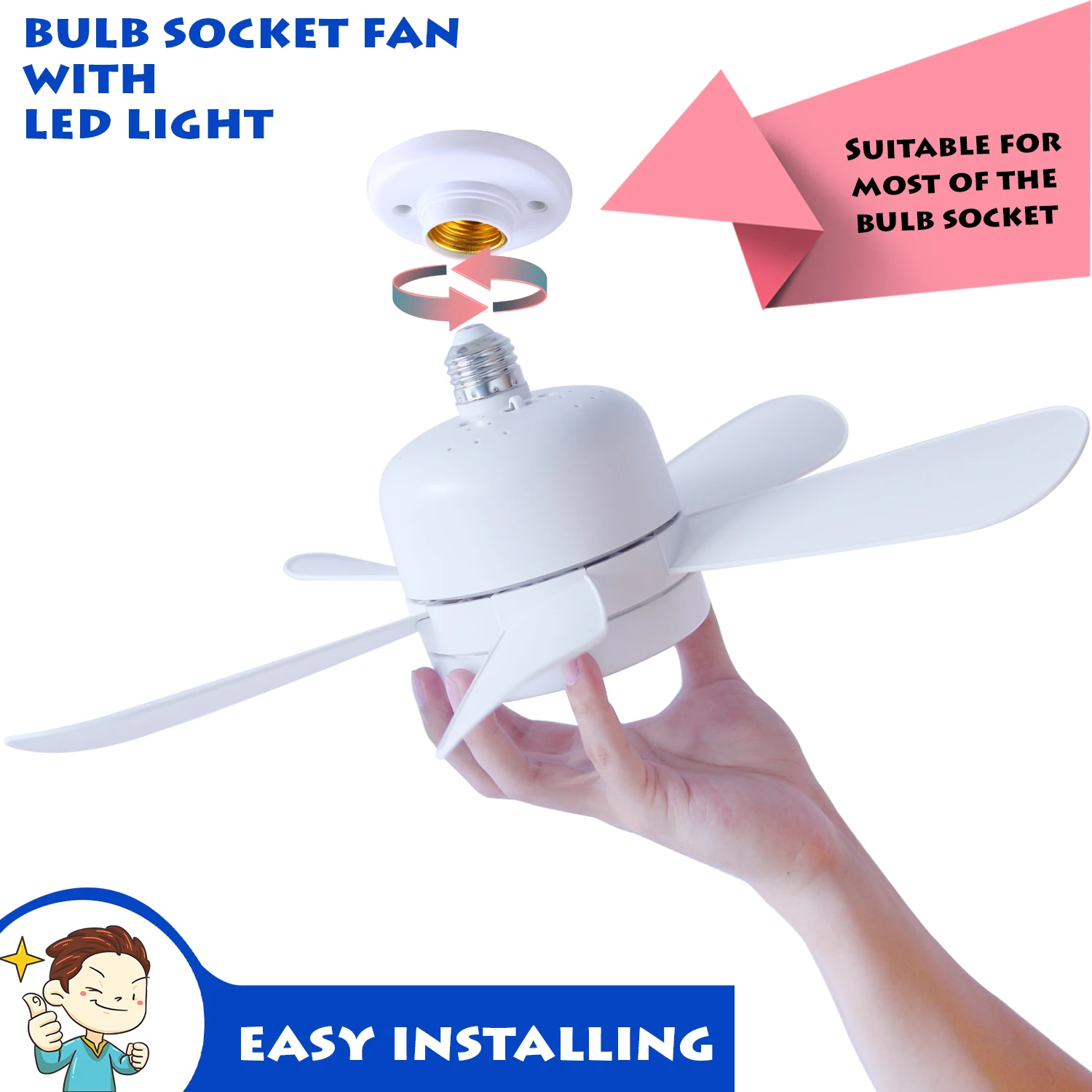 Socket Fan Light Ceiling Fans With Lights and Remote Dimmable Light Bulb Screw in Ceiling Fan for Bedroom Kitchen Garage
