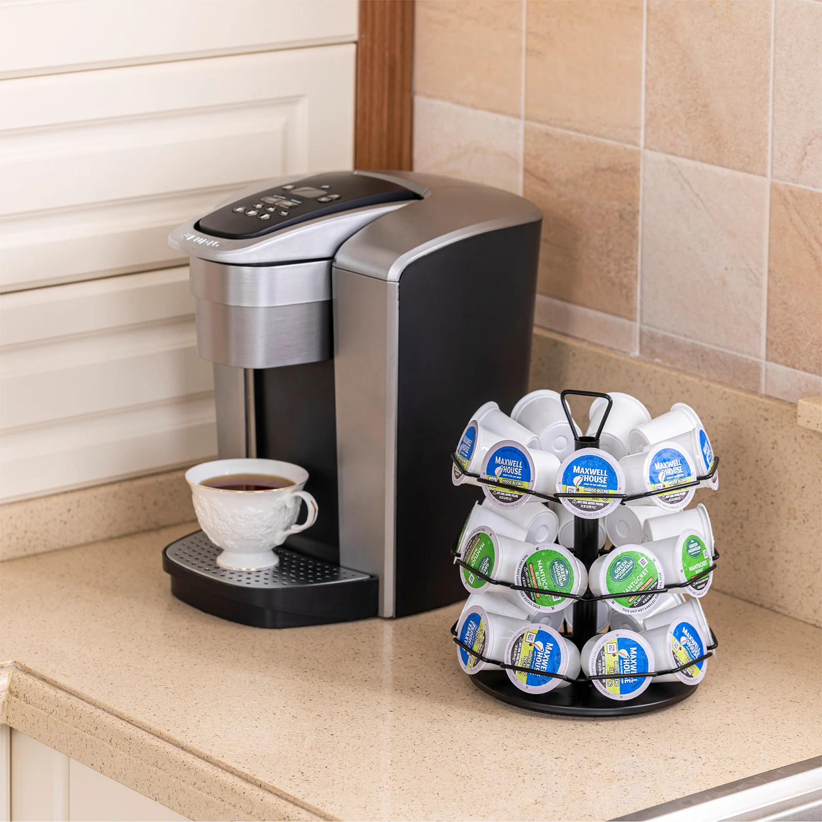 Modern 3-Tier Black Metal Coffee Pod Carousel Holder 360-Degree Spinning 27 Pods K-Cups Storage Rack for Kitchen Use Box Packed