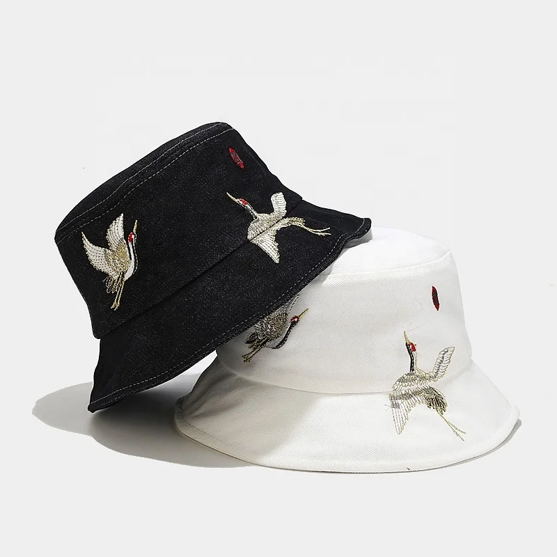 New Fashion Chinese Style Red-crowned Crane Embroidery Denim Sunscreen Bucket Hats And Caps for Men and Women