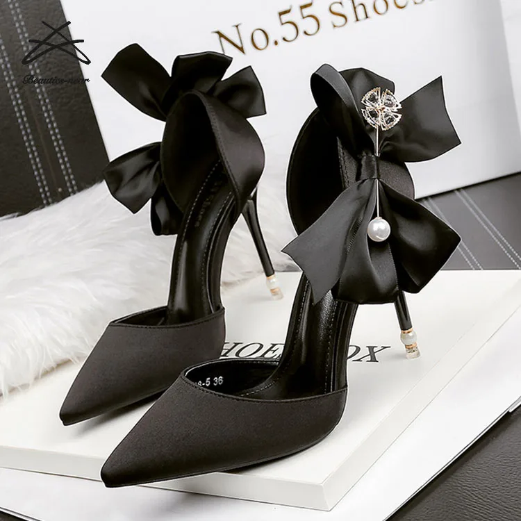 RTS Luxury fashion women party wedding bride dress shoes butterfly knot pearl satin thin heel lady woman heel shoes