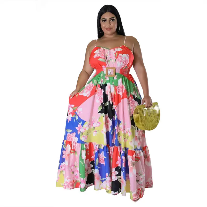 2023 Wholesale  Summer Plus Size Maxi  Sexy Sleeveless Printed Long Halter Dress Women Clothing
