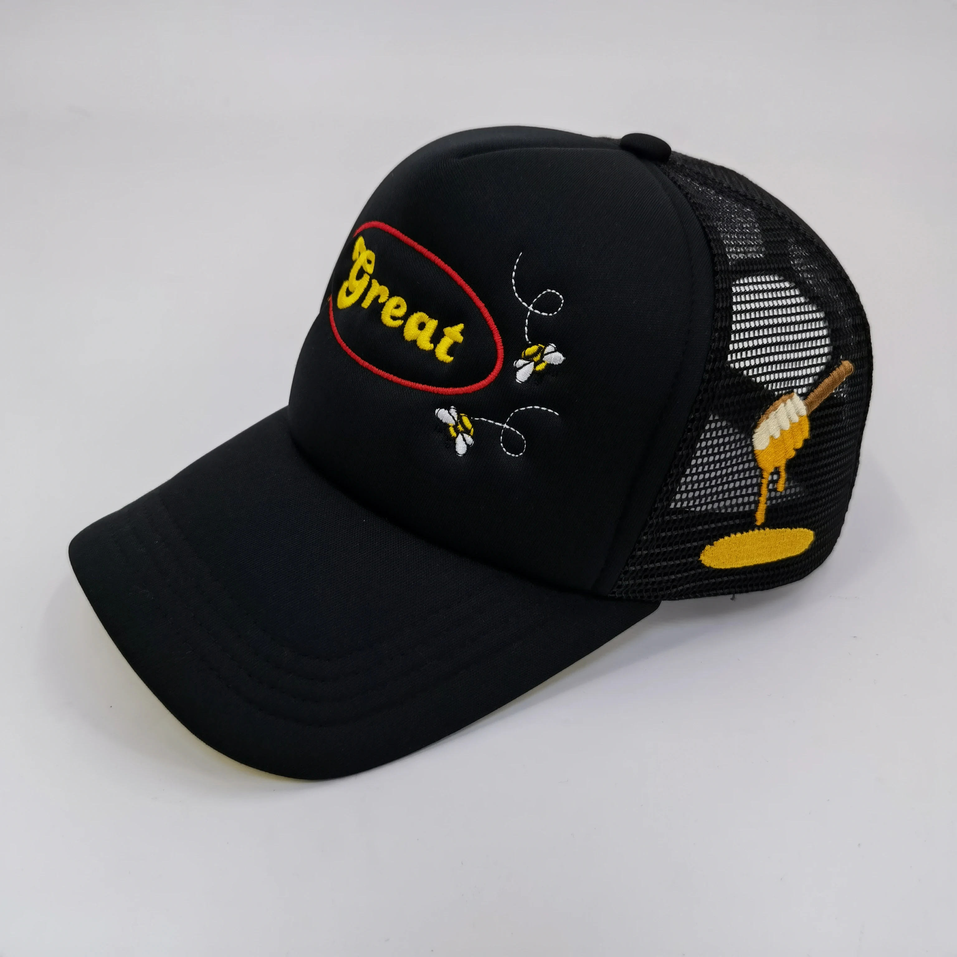 5-Panel Black Bee Baseball Caps Cute Bee Cool Dad Hats Custom Embroidered Logo Mesh Trucker Hat Caps