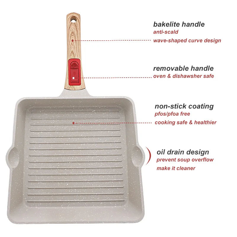 PFOA Free Non Toxic Non-stick Granite Grilling Pan Aluminum Square Grill Skillet 9.5 Inch Nonstick Grill Pan with Pour Spouts