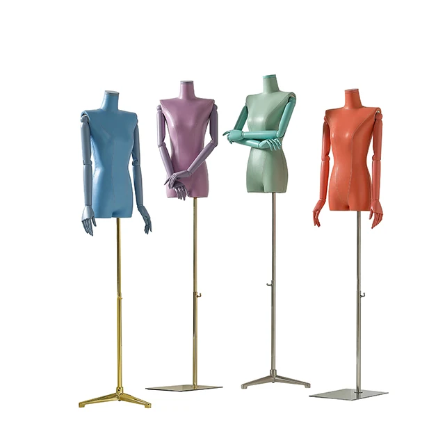 High Quality Headless Female Mannequin Colorful PU Leather Female Mannequin Torso Adjustable Wooden Arm