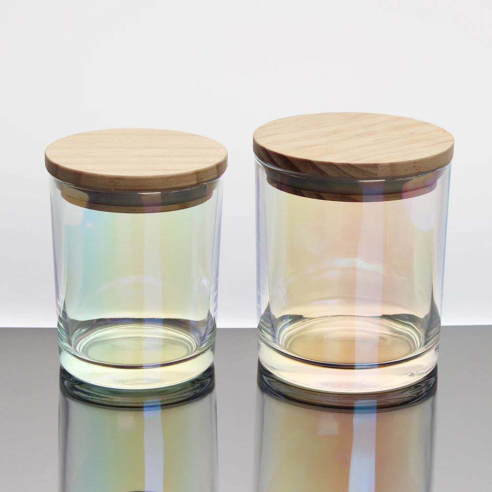 Iridescent Holographic Candle Glfrosted Glass Candle Jar With Wood Lids Candle Jars Glass With Lid