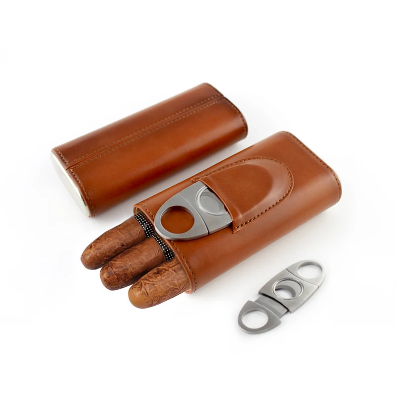 Portable Travel Leather 3 Finger Brown Cigar Case Humidor With Sharp Cutter