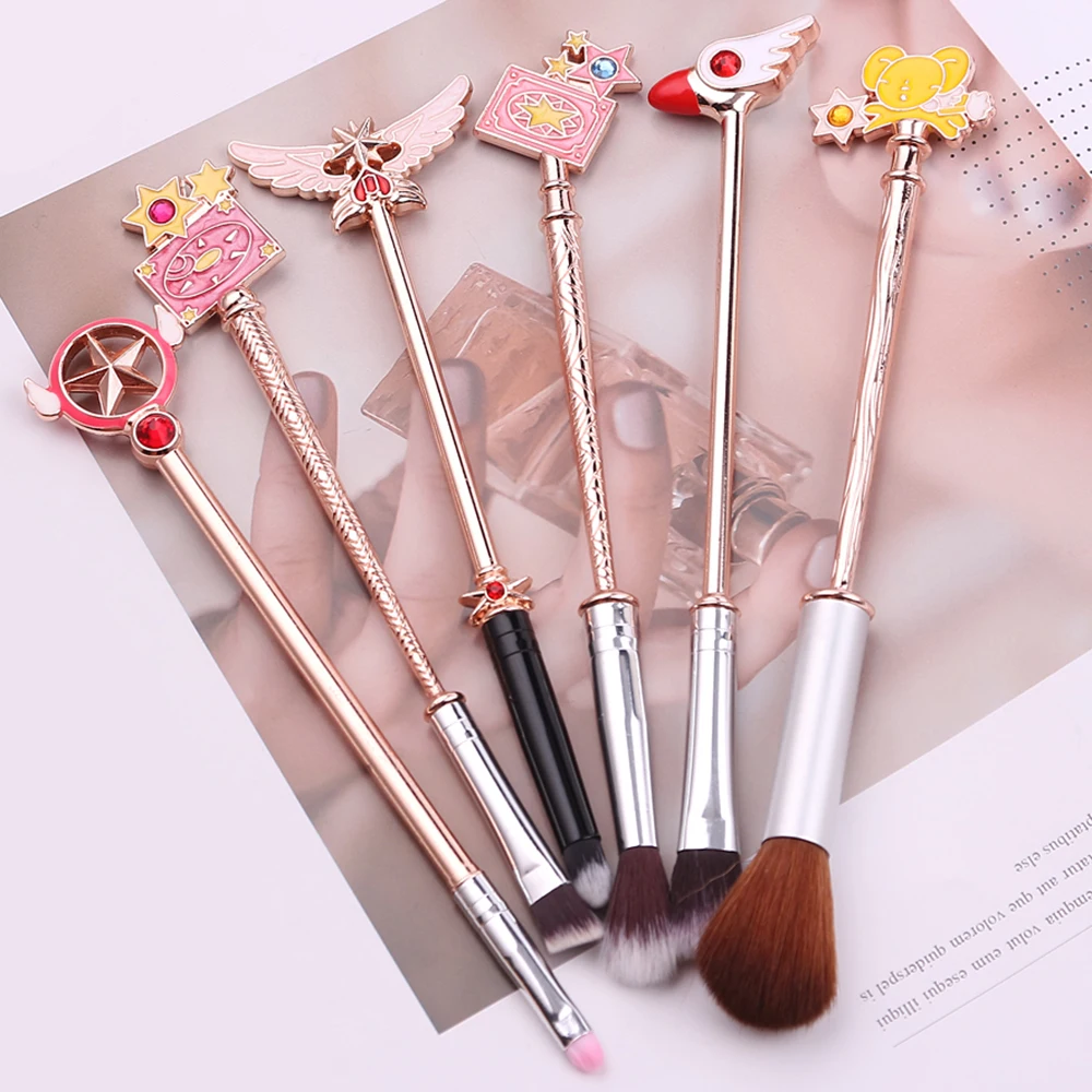 6pcs Anime Cardcaptor Sakura Moon 6pcs Makeup Cosmetic Brush Set Metal Beauty Tool Gold Lovely Loose Brush