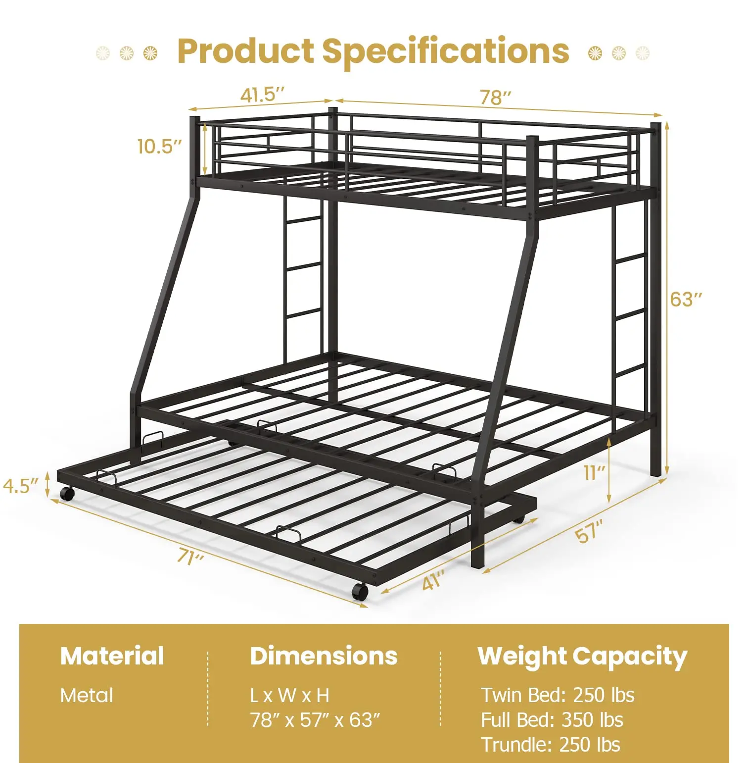 Bunk Bed with Trundle Heavy-Duty Metal Triple Bunk Beds w/Two Side Ladders & Safety Guard Rail