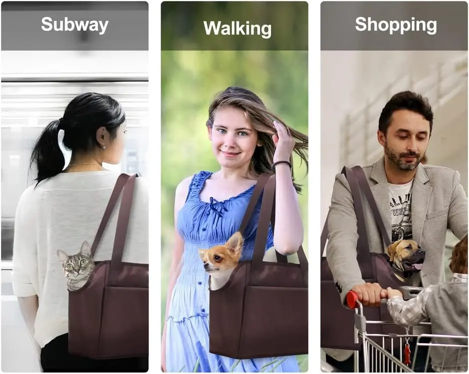 Pet Purse Carrier with Pocket and Safety Tether Soft Sided Small Carrier for Small Medium Pet Outdoor Shopping Tote Bag