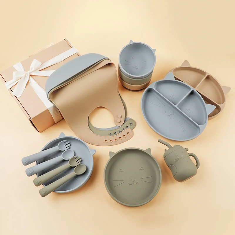 Cat Animal Food Grade Silicone Baby Feeding Set Bpa Free Plate Bowl Bib Cup Fork And Spoon Baby Feeding Dinnerware Set