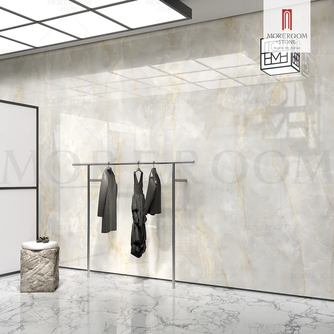 Large Size Snow White Onyx Stone Porcelain Floor Slab Wall Tiles For Bathroom