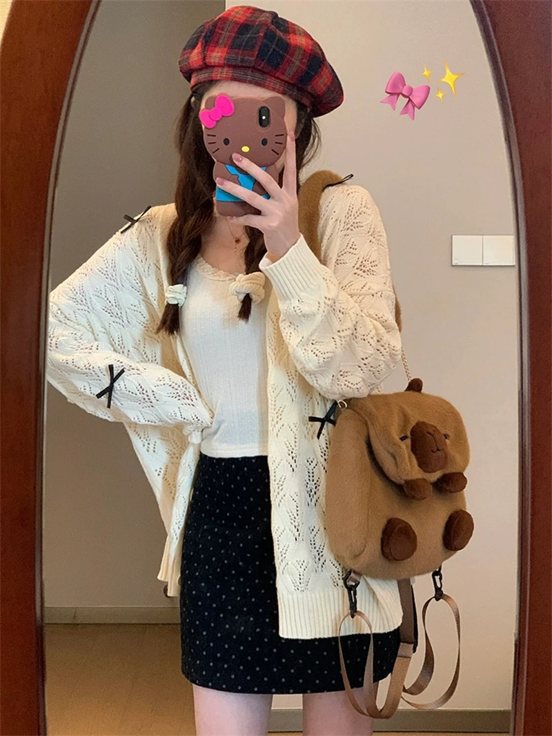 Sweet Tender Casual Elegant Solid Cardigans Loose All Match Women Grunge Sweater Japanese Fashion Hollow Out Coats Y2k