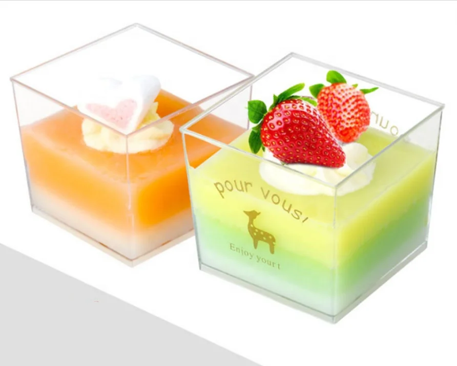Square Shape 5oz  150ML Jelly Pudding Cups Clear Printed Plastic Ice Cream Mousse Pudding Cups Glass Disposable