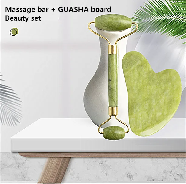 
100% Natural Jade Beauty Gua Sha Facial Kit Cool Skin Roller Massager Jade Roller & Guasha for Face Set 