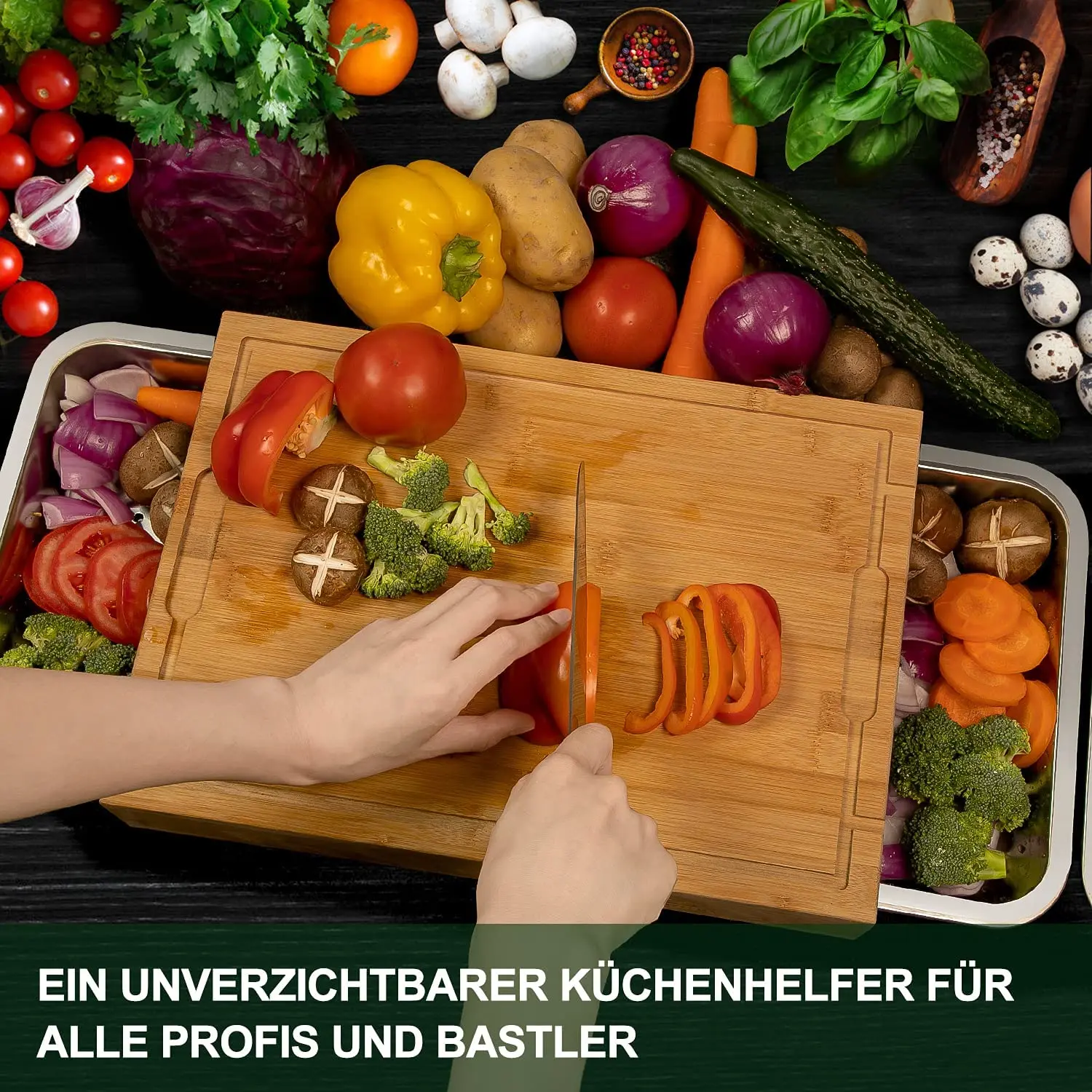 Chopping Board Made of High-Quality Bamboo Chopping Board with 3 Stainless Steel Crumb Trays Practical Wooden Board Kitchen Non