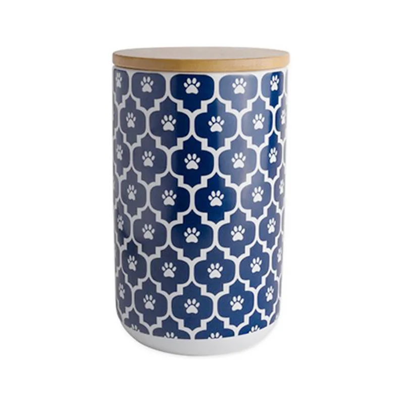 30 oz  Bone Dry Paw Lattice print  Ceramic Dog and Cat Treat Canister with airtight wood lid