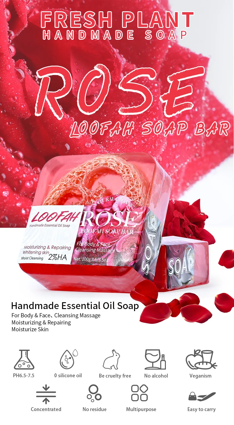 Factory Price Rose Loofah Vine Transparent Pure Handmade Plant Essential Oil Soap Face Wash Bath Loofah Soap