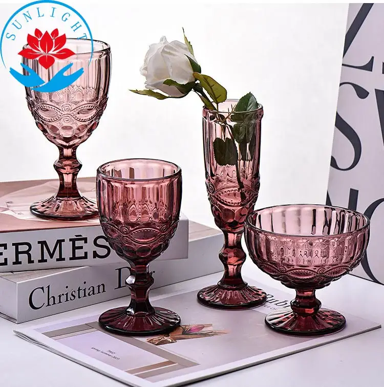 Factory high-end hot selling embossed retro solid color fun wine glasses beautiful red  ripple wine glasses set