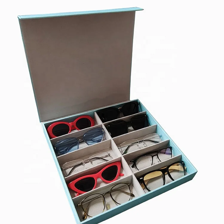Wholesale Customized 10 slot leather Gray Eyewear Rack Countertop Case Sunglasses Tray Display Case