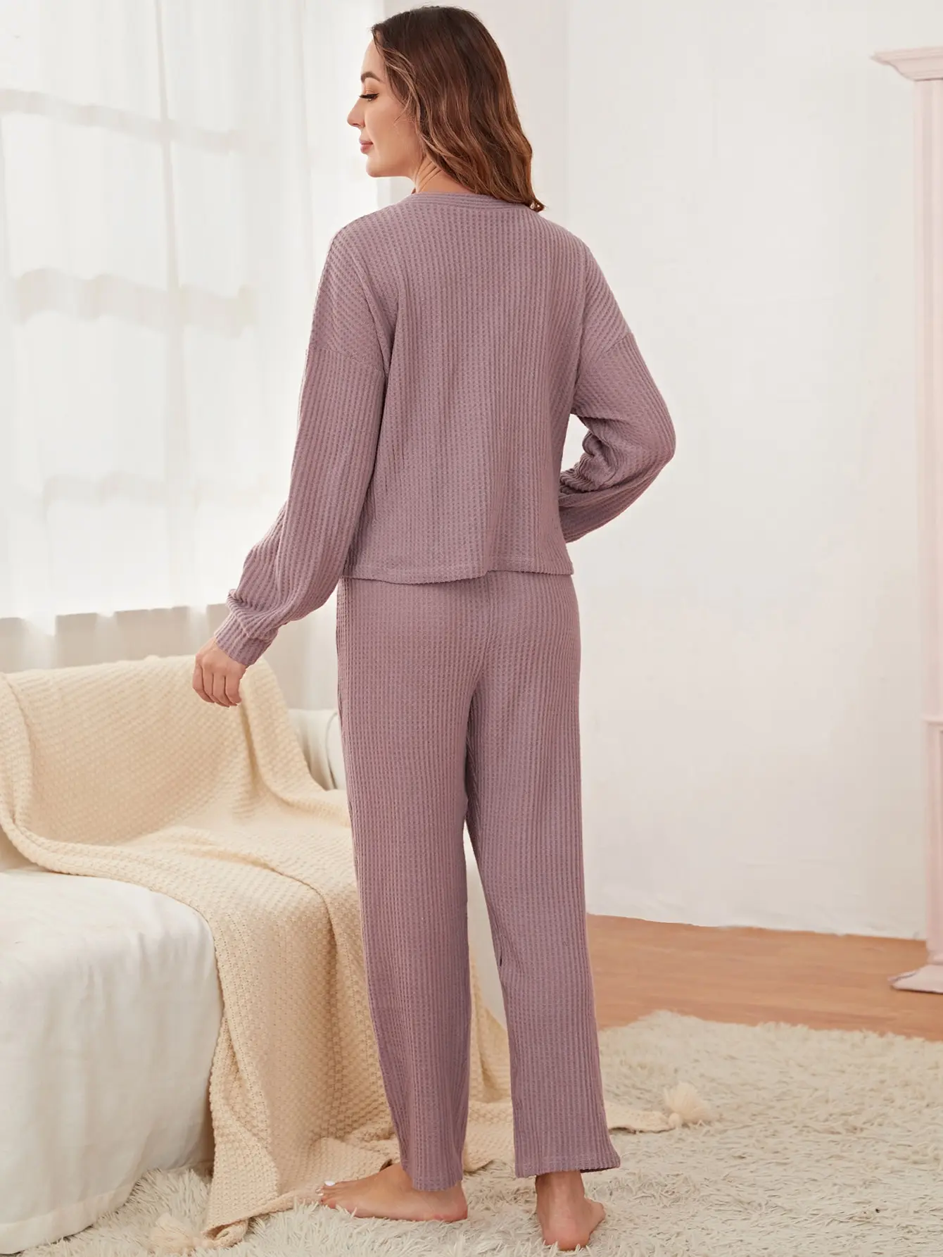 Waffle Knit Pregnant Women Clothes Drop Shoulder Blouse & Pants Lounge Set Maternity Pajamas