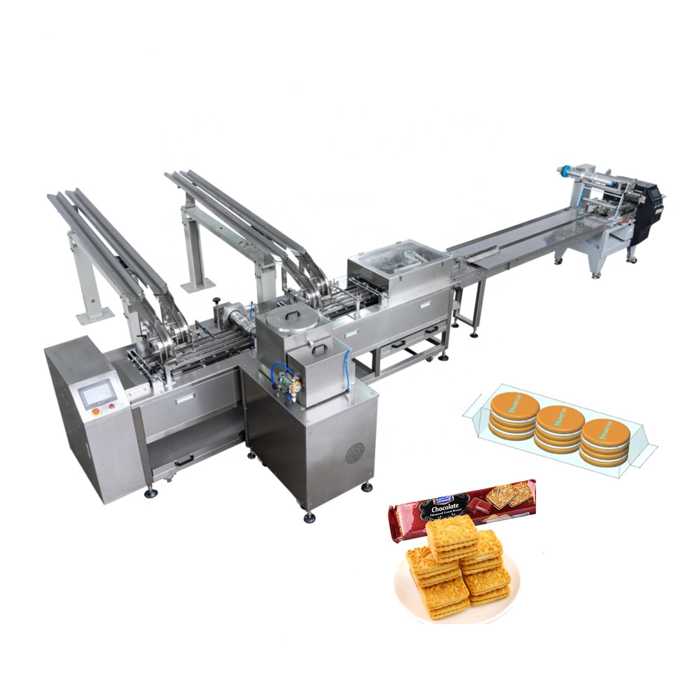 Stable performance two lane cream filling biscuit making machine for biscuit sandwich with packing line popular in Mideast