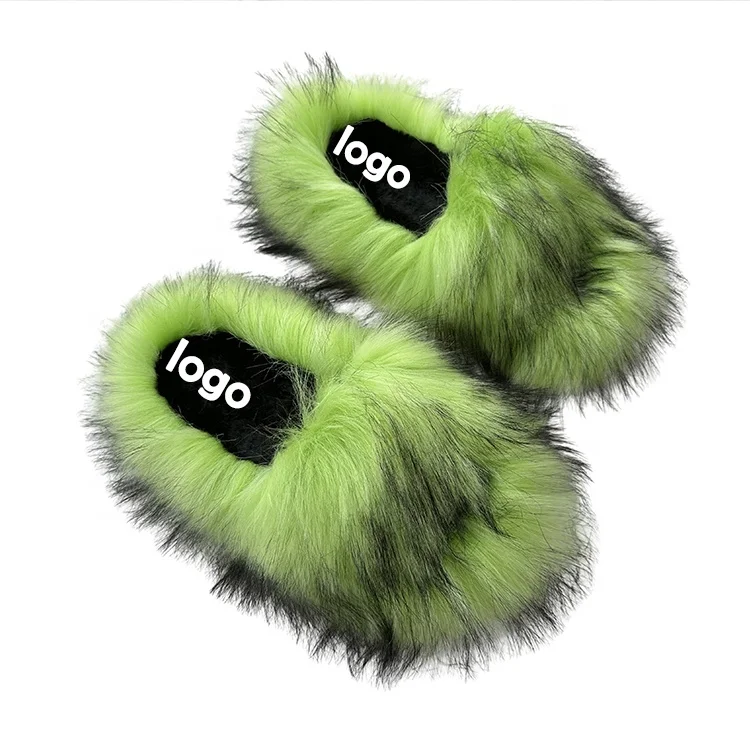 New Fur Plush Slippers Unisex Winter Outdoor Custom Warm Slippers Imitation Raccoon Fur Ladies Slippers