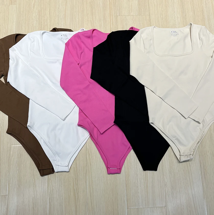 New Arrivals square collar long sleeve bodysuits for women seamless ribbed fitness bodysuit