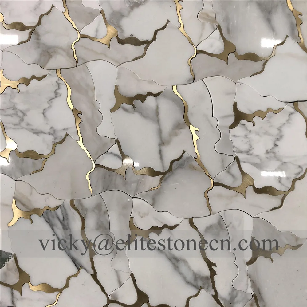 Marble waterjet mosaic tile brass tile inlay with marble waterjet mosaic