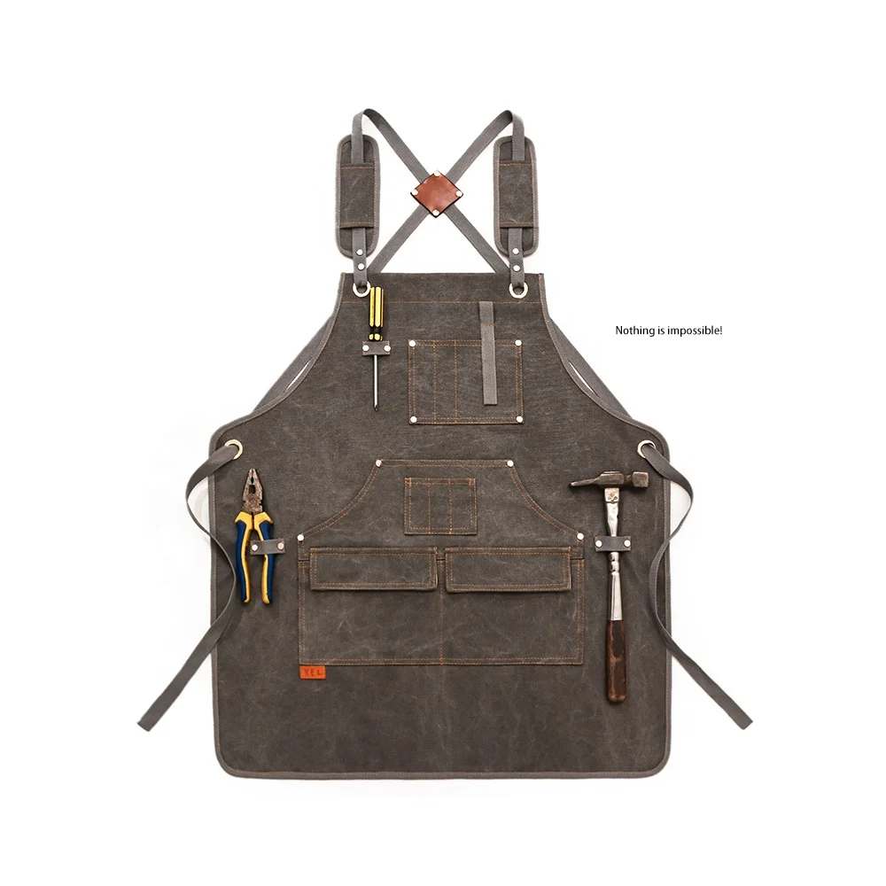 New  Apron Durable Goods Heavy Duty Unisex Canvas Work Apron Tool Pockets Cross-Back Straps Adjustable For Woodworking Painting