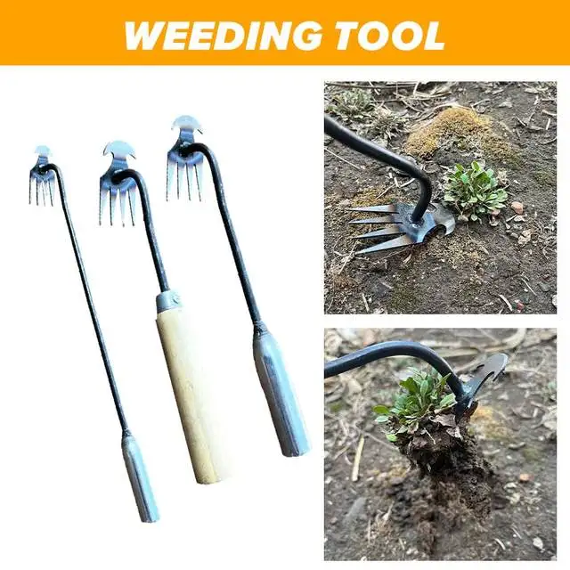 Garden Weeding Artifact Uprooting Weeding Tool Steel Weed Puller 4 Teeth Dual Purpose Weeder Hand Remover Tool