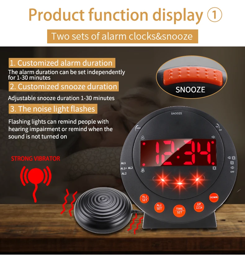 Deaf hearing impaired with bed shaker doorbell reminder vibrating ring alarm clock for hotel nightstand