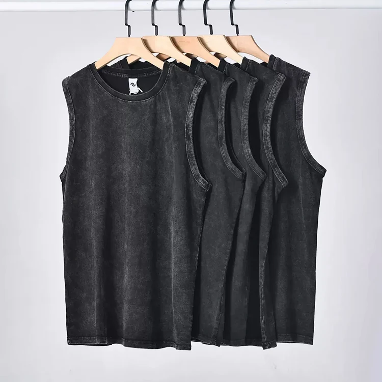 Custom Logo Acid Wash Vest Sleeveless 100% Cotton Muscle Singlet Man Tank Top