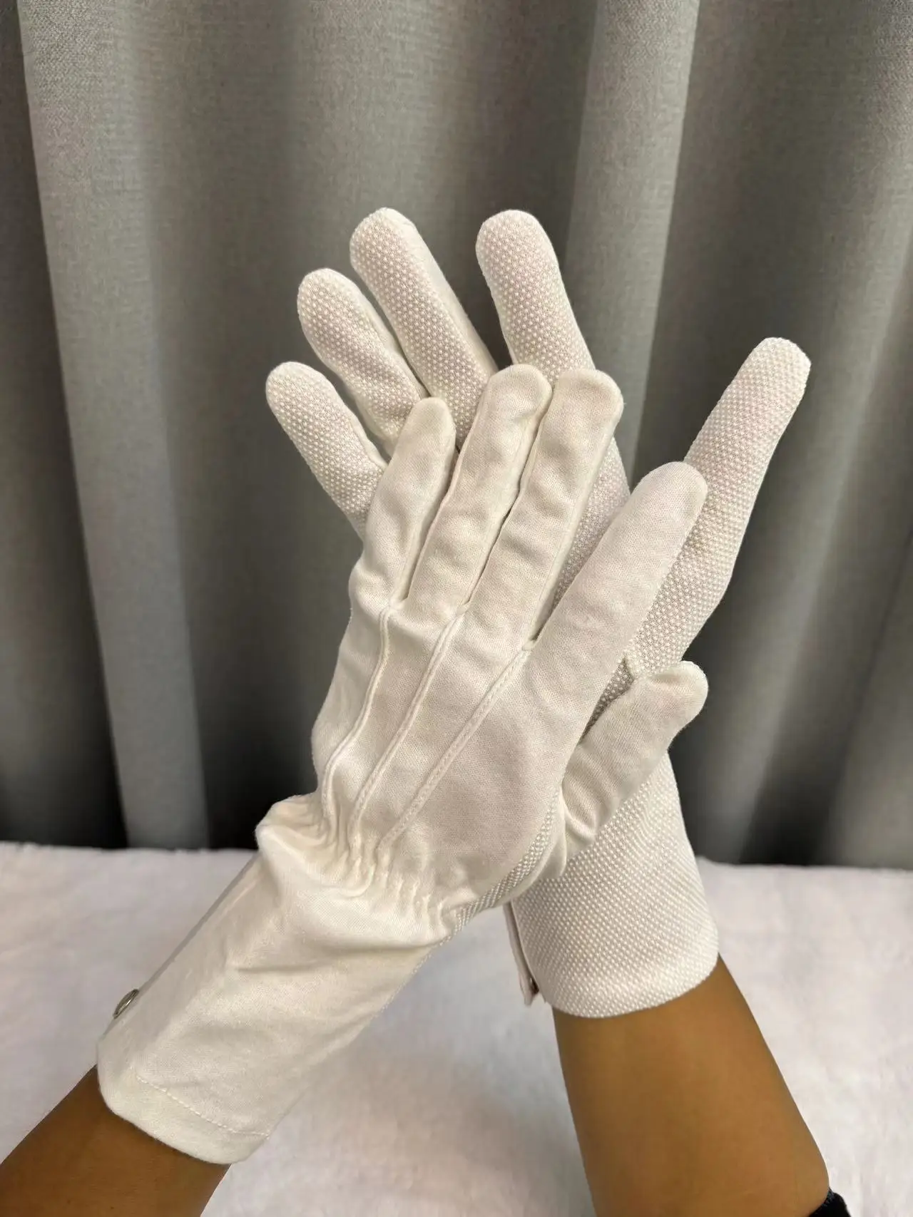 Gripper Dot White Parade Gloves White Cotton Gloves with Rubber Grip on Palm Snap Button and Magic Tape