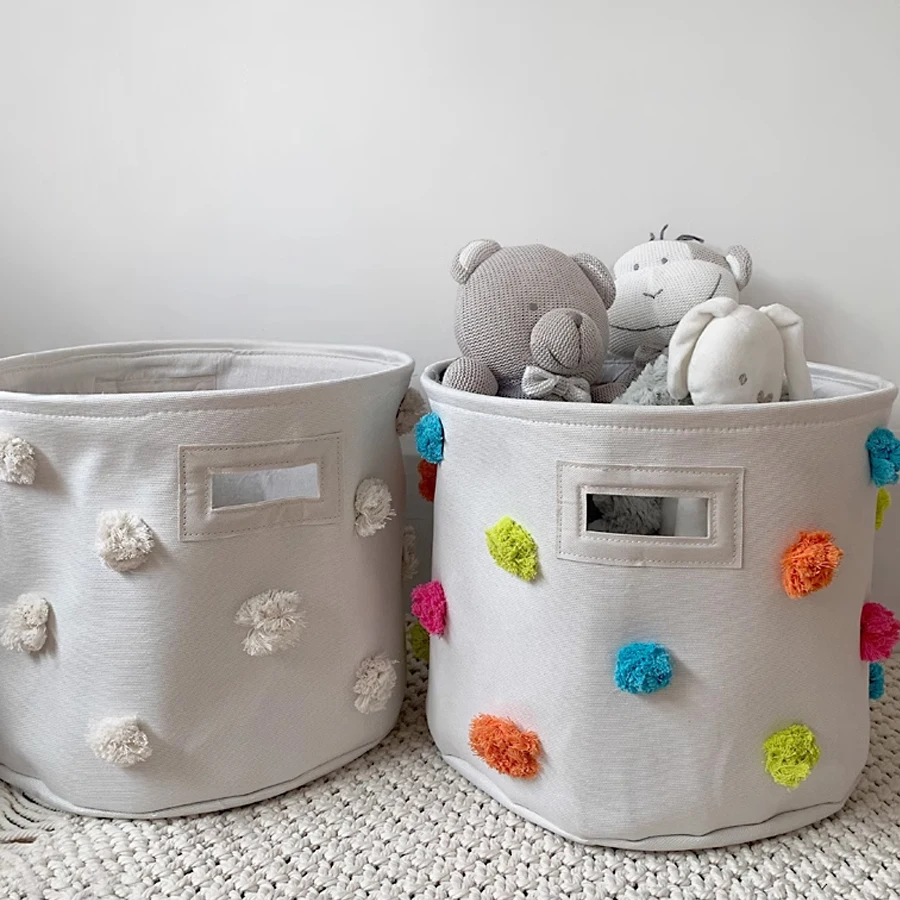Cute Cotton Pompom Decor Children Toy Storage Bucket Knitted Laundry Basket Large Capacity Baby Toy Organizer
