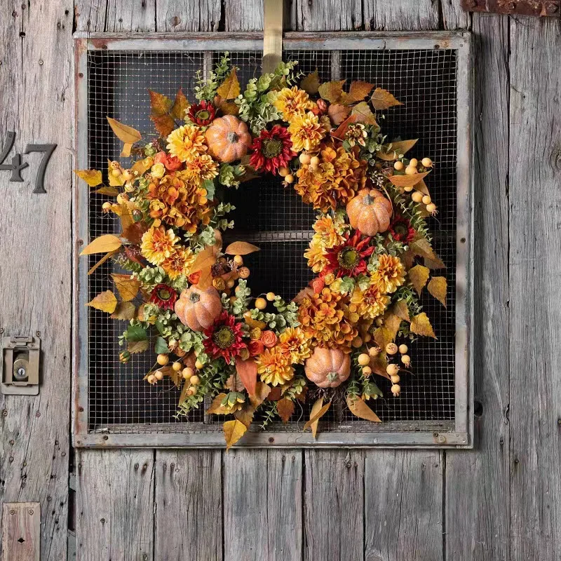 Artificial Harvest Festival Wreath With Pumpkin Berries Hydrangea for Wall Window Farmhouse Harvest Festival Holiday Home Decor