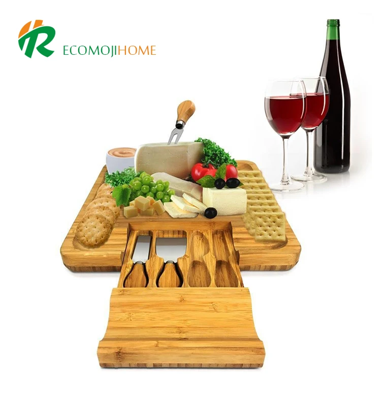 2021 Bamboo Cheese Board with Cutlery Set Wood Charcuterie Platter and Serving Meat Board with Slide-Out Drawer with 4 Knifes
