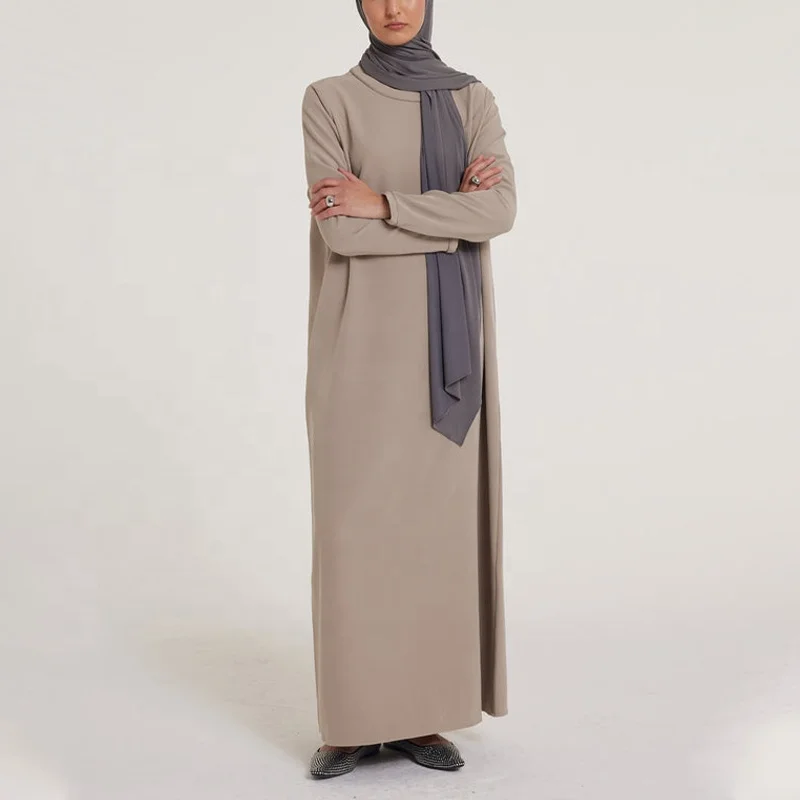 2024 Essential Khaki Simple Style Muslim Dress Good Smooth Fabric Modest Dress Popular Abaya Oben Dubai Womens Muslim Clothing