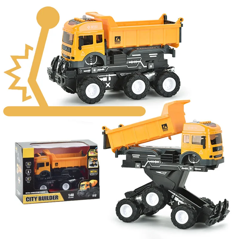 1:48 yellow mini dump truck toy construction truck excavators toy truck collision deformation with Light and music