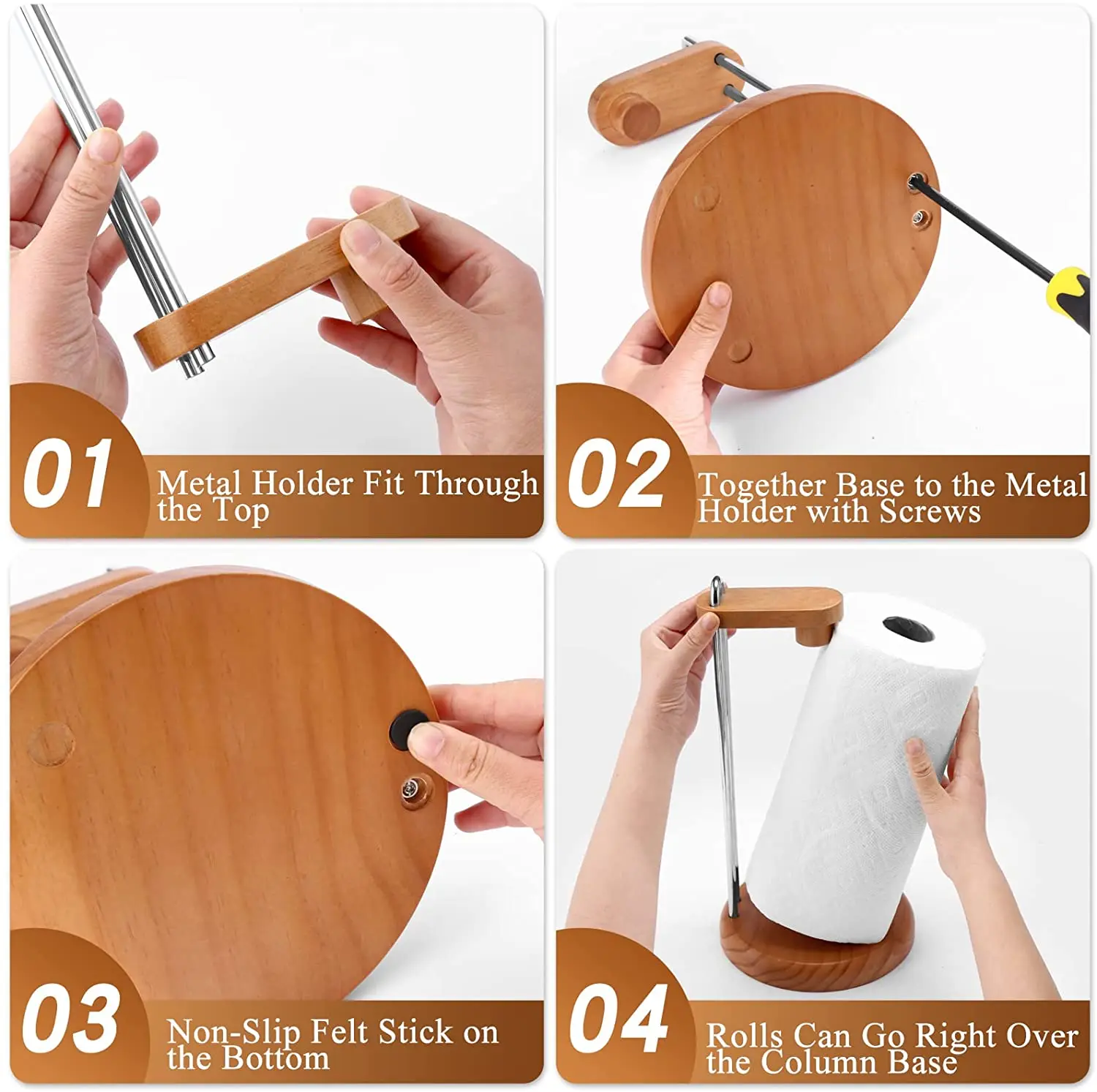 Simple assembly paper towel holder kitchen tissue roll holder suitable for various size bathroom paper holder wood