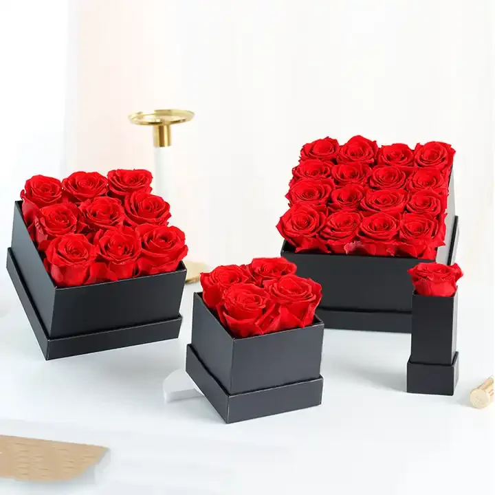 Gold Supplier Custom Everlasting Rosas In Black White Box 16pcs Immortal Eternal Preserved Roses In Square Gift Box