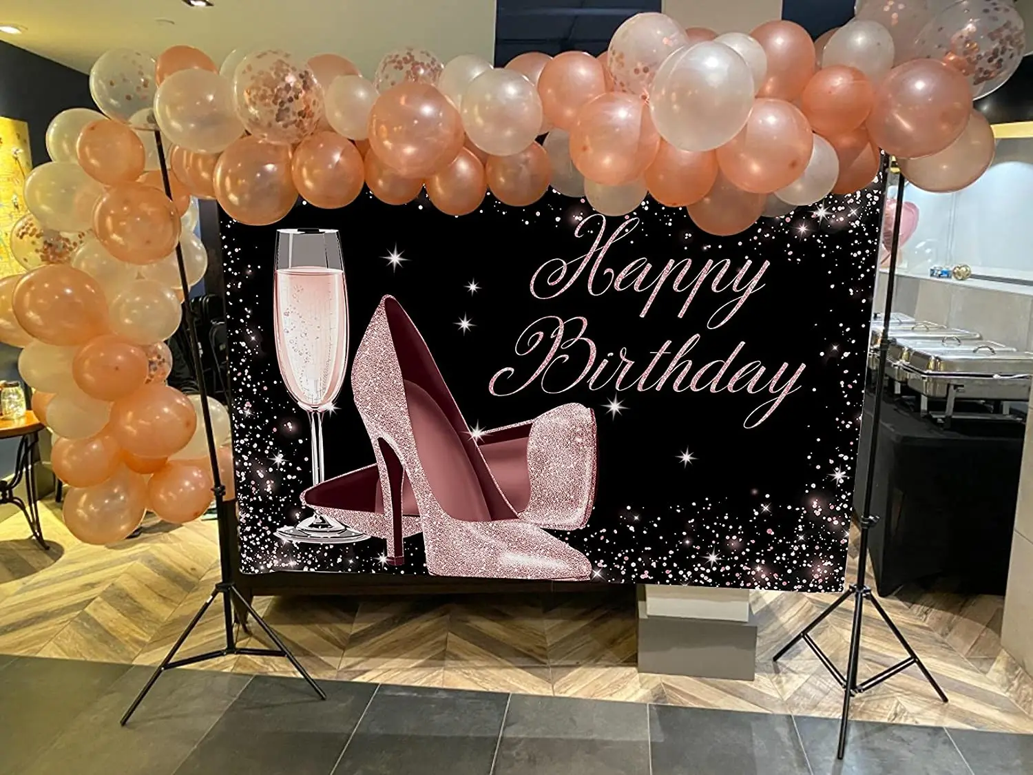 Rose Gold Glitter Happy Birthday Backdrop High Heels Champagne Glass Photography Background for Adult Women Birthday Party