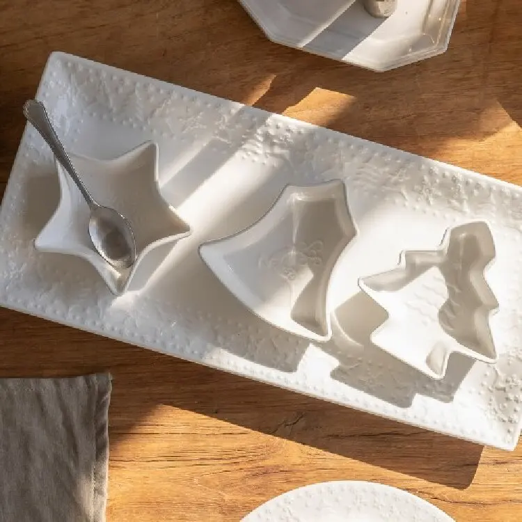 High Quality Tableware Ceramic Plates Christmas Rectangle Embossed Dinner Plate Dishes for Party Wedding