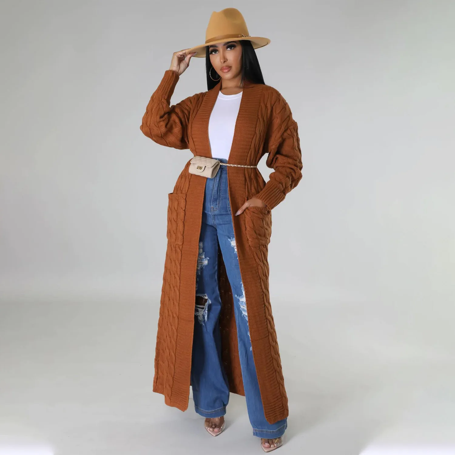 CY6813 Plain Long Sleeve Sweater Cardigan with Big Pocket Woman Knitted Coat for Fall Winter Wholesale 2024