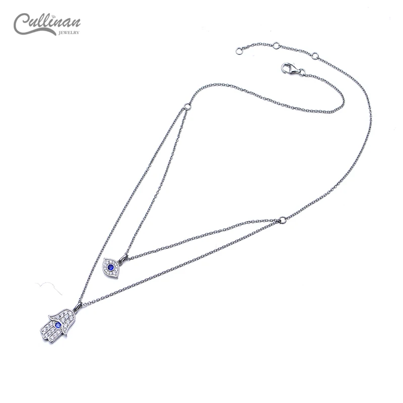 High Quality 2021 New Design 925 Sterling Silver Blue Sapphire Zircon Stone Hamsa Hand Evil Eye Layered Necklace