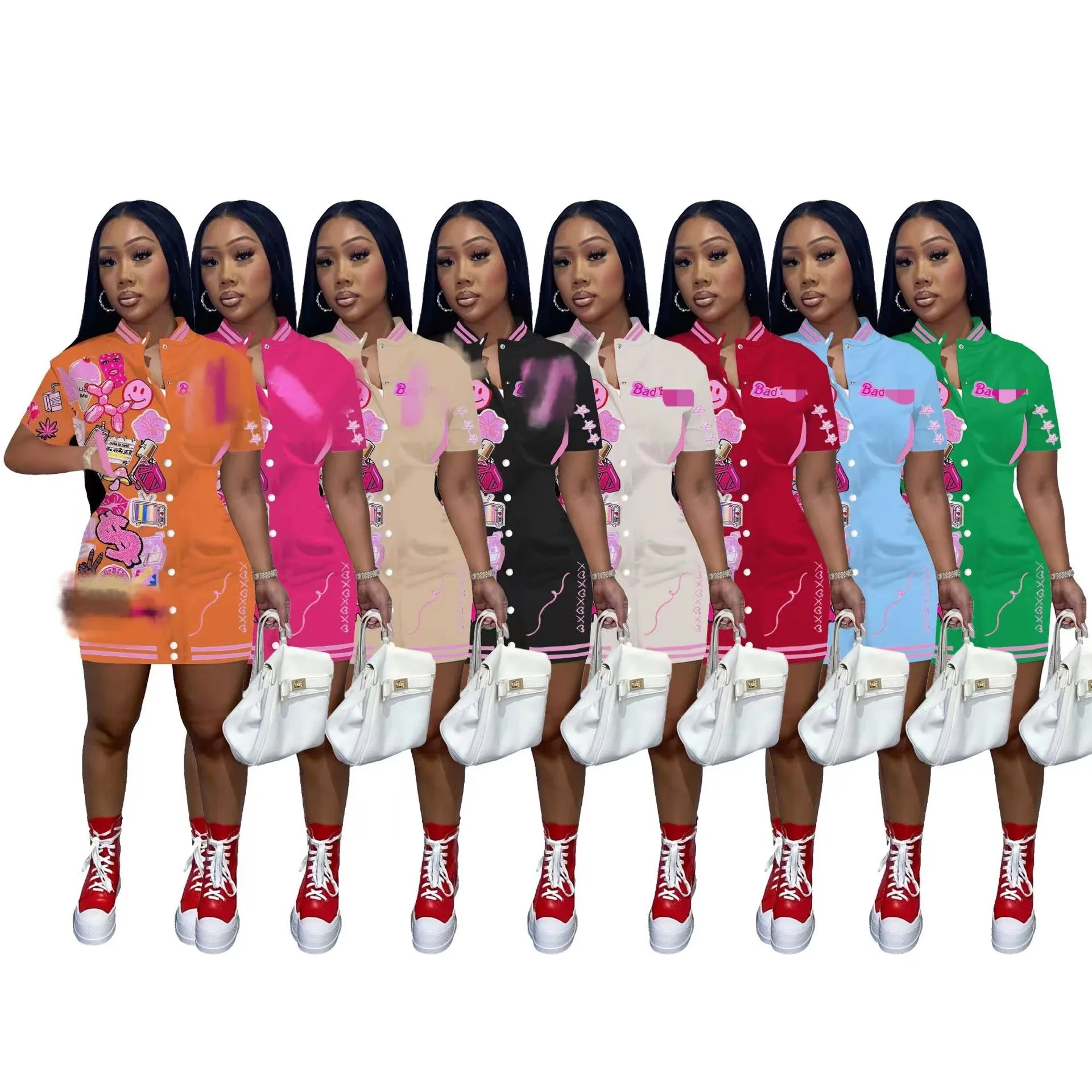 3D Printed Women Clothes 2023 Summer Short Sleeves Bodycon Dress Letter Print Baseball Jersey Dress Button Down Casual Dresses