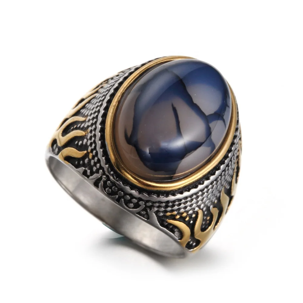 Fine jewelry natural gemstones purple shell tiger eye stone inlay fire stainless steel ring men jewelry wholesale